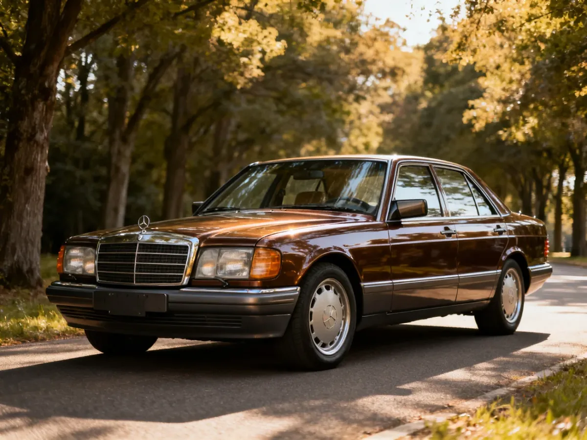 Klasyczny Mercedes-Benz 500 E W124 zaparkowany przy spokojnej, zadrzewionej drodze