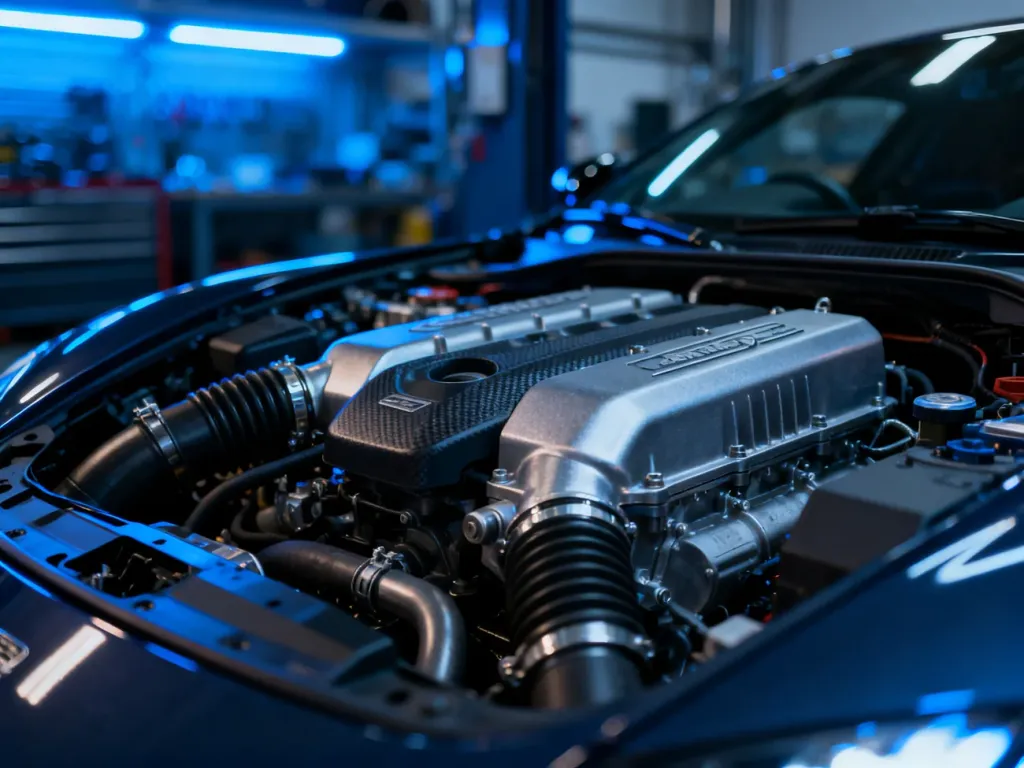 Zbliżenie na nowoczesny silnik Audi TT w profesjonalnym warsztacie z niebieskim oświetleniem LED.