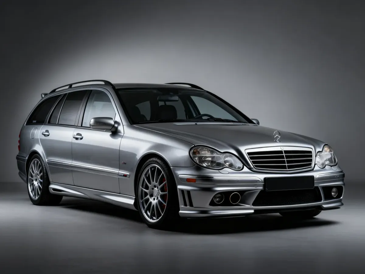 Mercedes C30 CDI AMG w ujęciu trzy czwarte z widocznymi felgami AMG i podwójnym wydechem