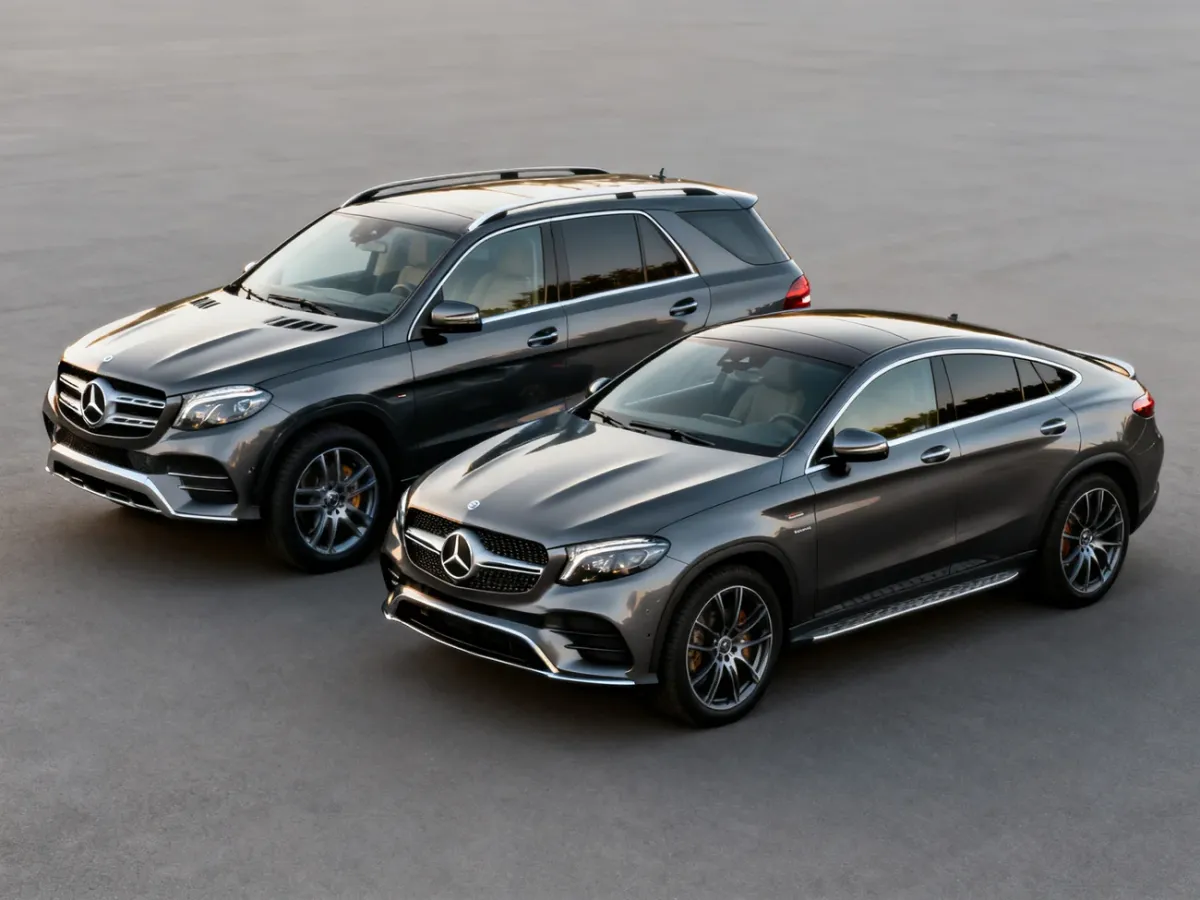 Mercedes GLE SUV i GLE Coupe ustawione obok siebie, ukazujące różnice w sylwetce