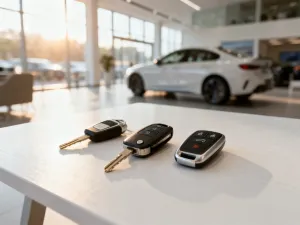 Nowoczesny samochód marki Skoda zaparkowany na minimalistycznym placu w świetle zachodzącego słońca.