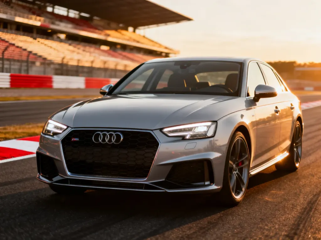Srebrne Audi S4 zaparkowane na torze wyścigowym w blasku zachodzącego słońca, podkreślającym sportowy design auta.