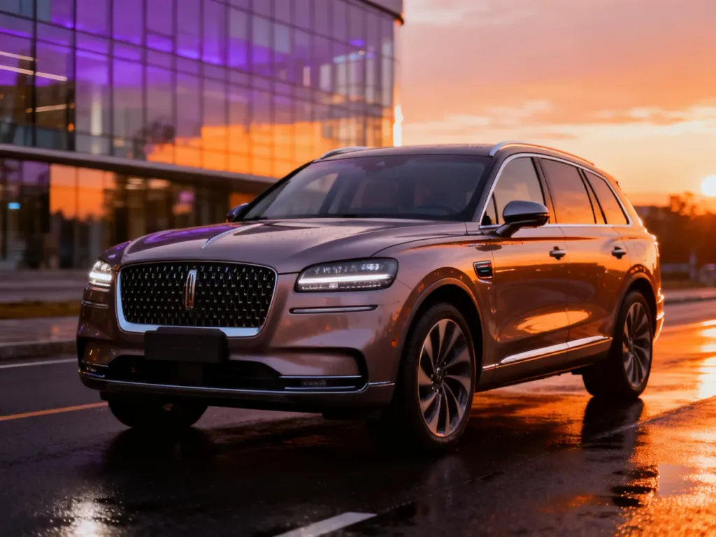 Audi Q7 TFSI e zaparkowane na mokrym asfalcie podczas zachodu słońca, podkreślające elegancję i nowoczesny design pojazdu.