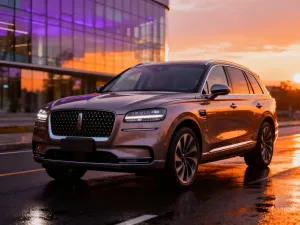 Elegancki Mercedes GLE zaparkowany na nowoczesnym podjeździe w świetle zachodzącego słońca.