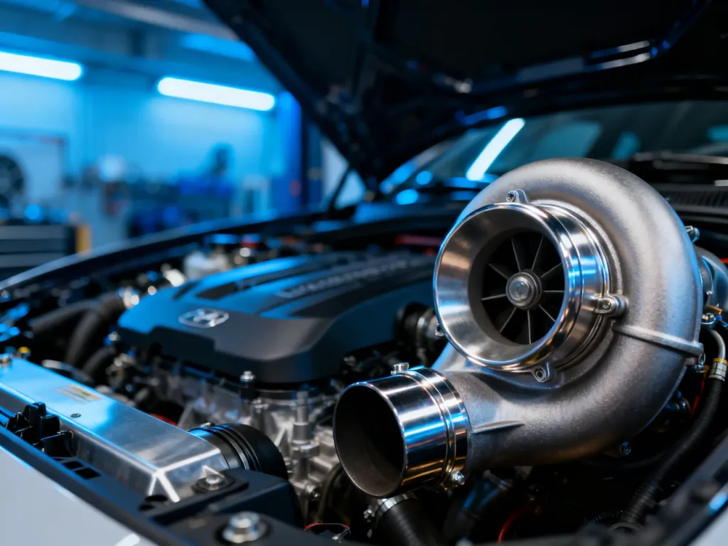 Zbliżenie na turbosprężarkę w komorze silnika Audi 1.8T, podkreślające precyzję wykonania jednostki napędowej.