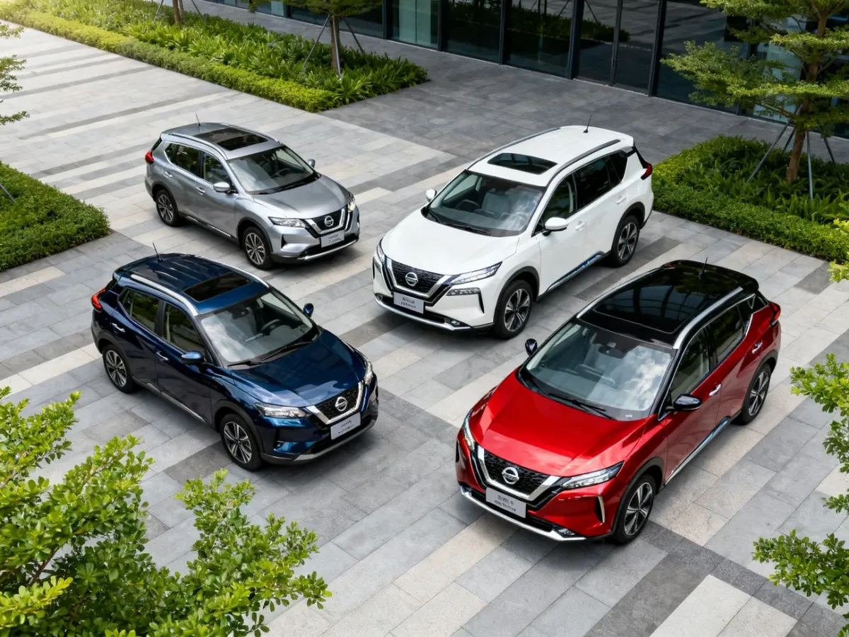 Gama SUV-ów Nissana ustawiona w nowoczesnym otoczeniu miejskim