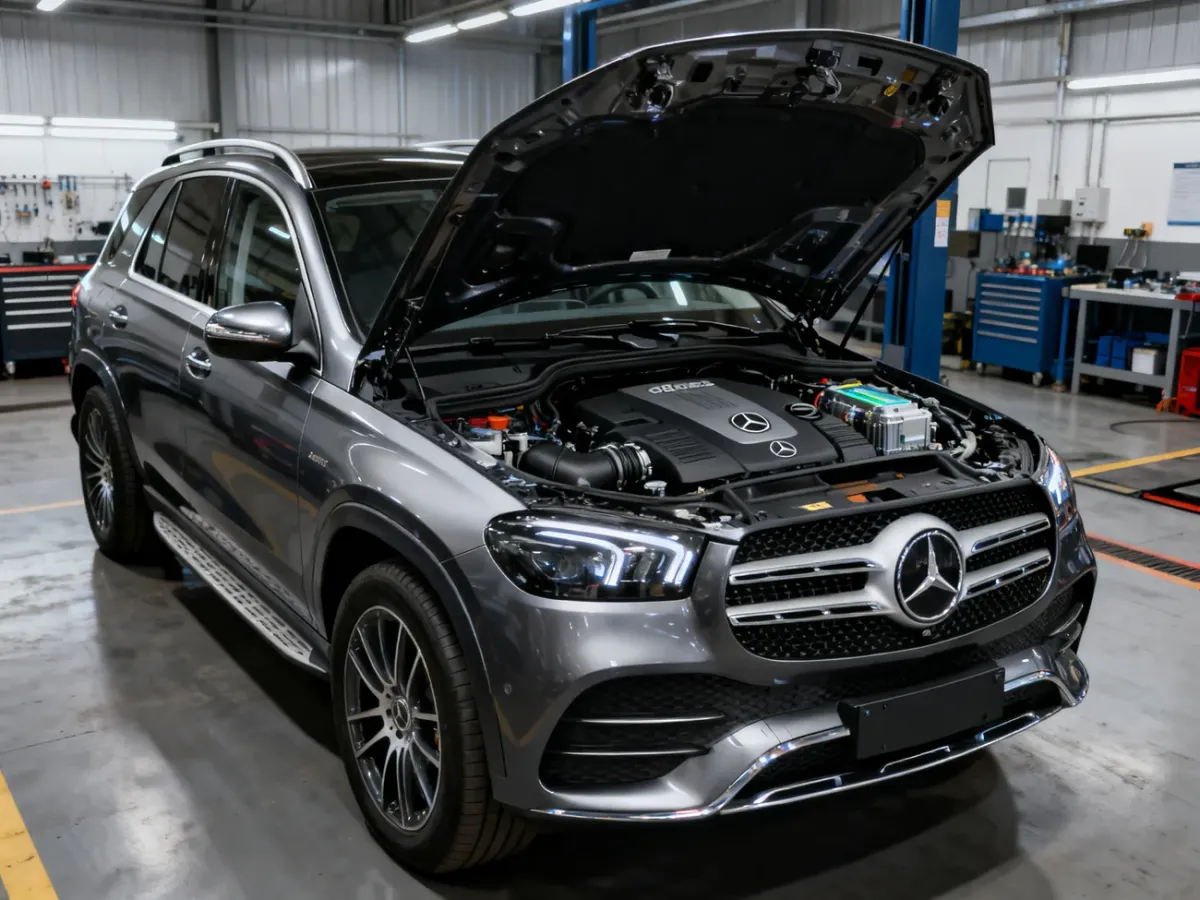 Mercedes GLE z otwartą maską i nowoczesnym silnikiem benzynowym w warsztacie
