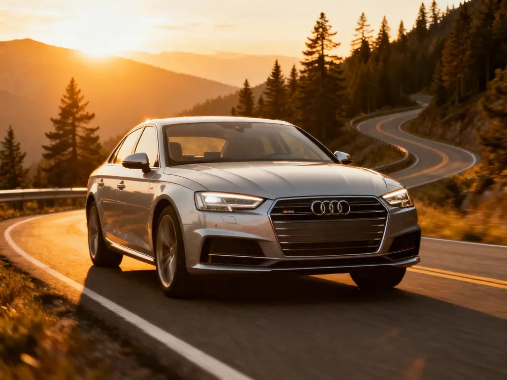 Klasyczny srebrny model Audi jadący krętą górską drogą w blasku zachodzącego słońca.