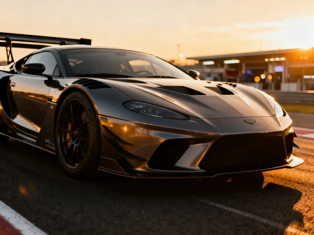 Mercedes AMG Black Series na torze wyścigowym podczas zachodu słońca, podkreślający agresywną aerodynamikę pojazdu.