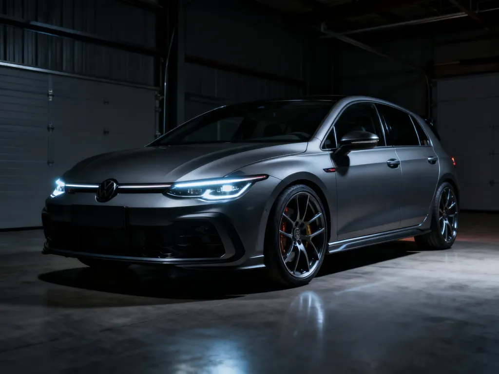 Szary sportowy hatchback Audi RS3 w profesjonalnym studiu, prezentujący agresywną stylistykę i dynamiczną sylwetkę.