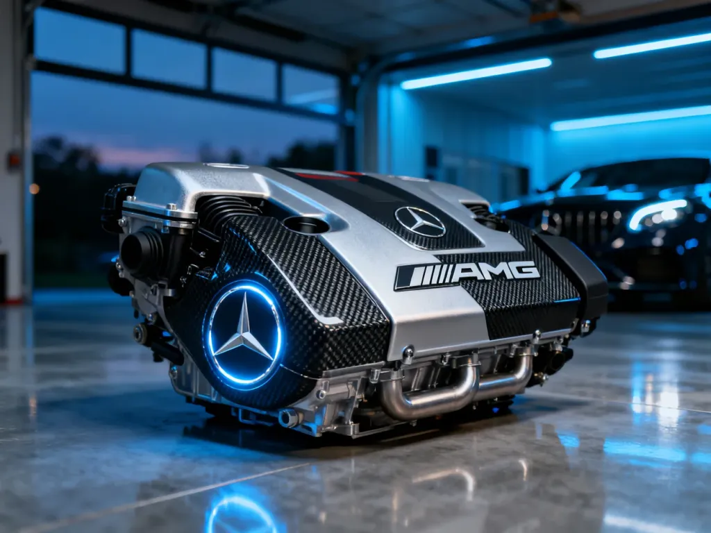 Zbliżenie na precyzyjnie wykonany silnik Mercedes-Benz AMG w nowoczesnym garażu, podkreślające inżynieryjną doskonałość.