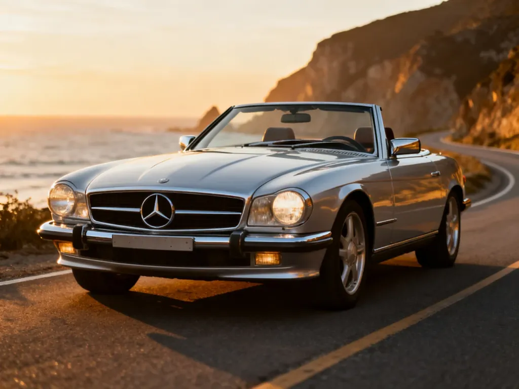 Srebrny Mercedes roadster SLK zaparkowany na malowniczej nadmorskiej drodze podczas zachodu słońca.