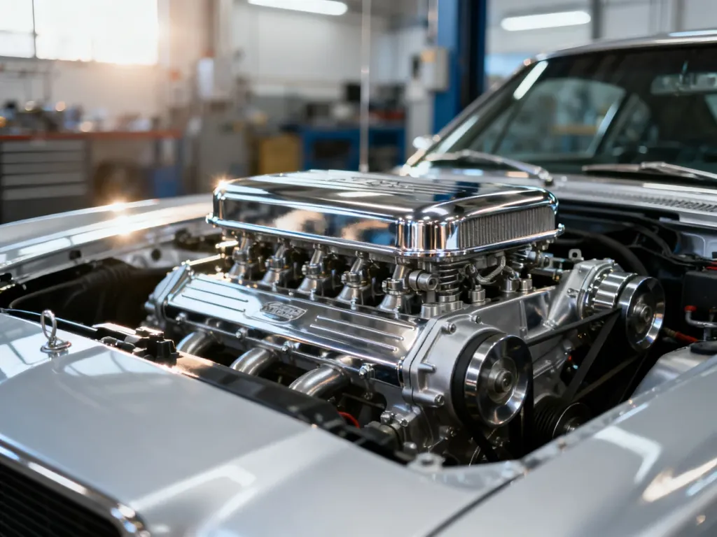 Zbliżenie na czystą i zadbaną komorę silnika Audi A4 B6 z widocznymi detalami technicznymi jednostki napędowej.