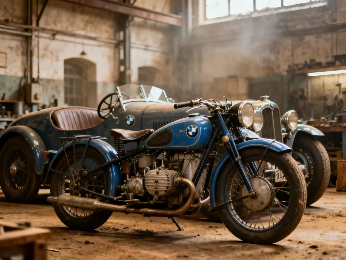 Wczesny motocykl BMW R32 i przedwojenny samochód sportowy BMW w historycznym warsztacie