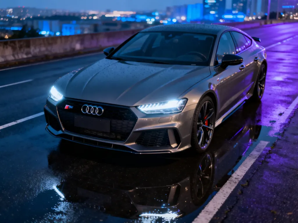 Szare Audi RS7 zaparkowane na mokrym asfalcie o zmierzchu, z miejskimi światłami w tle.