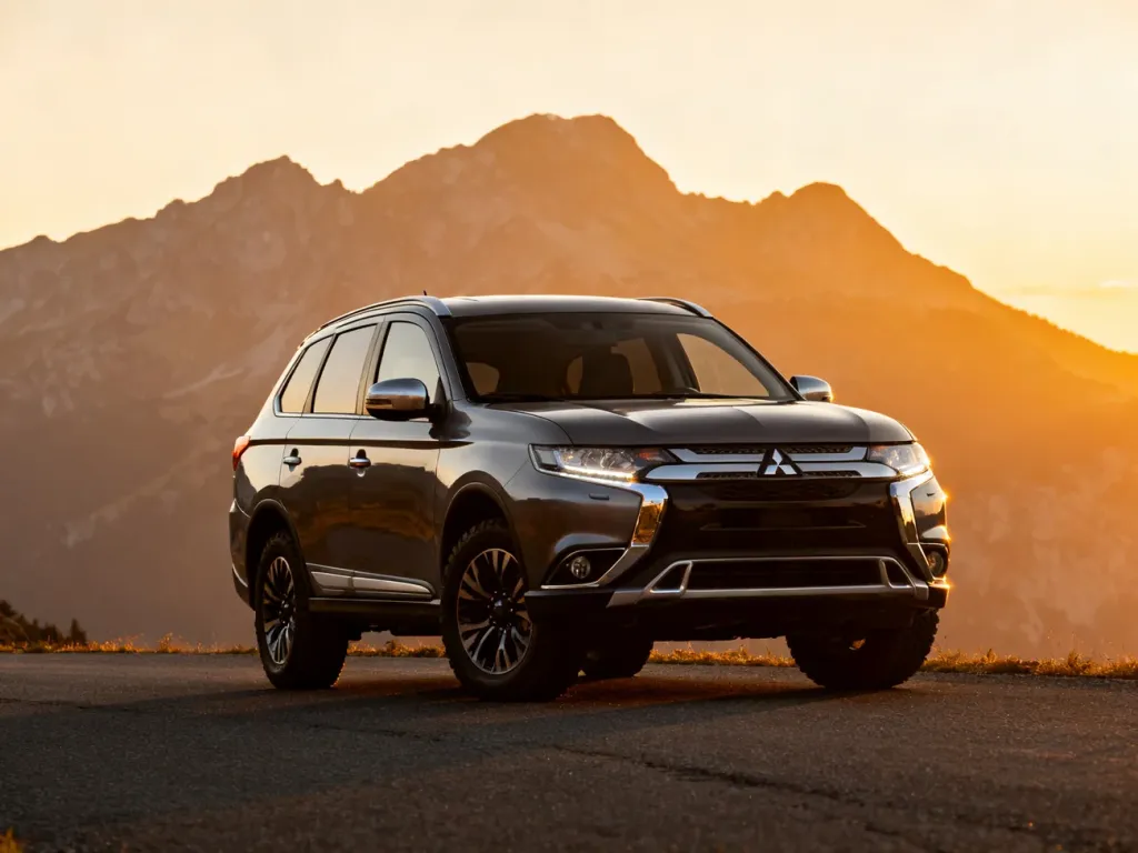 Nowoczesny SUV Mitsubishi zaparkowany na górskiej drodze w świetle zachodzącego słońca.