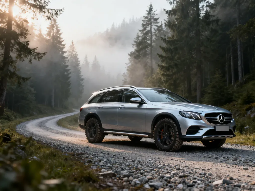 Srebrny Mercedes-Benz klasy E All-Terrain zaparkowany na żwirowej drodze w otoczeniu zamglonego lasu.
