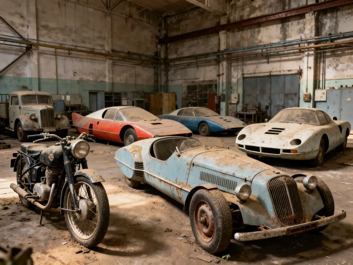 Historyczne polskie prototypy samochodów i motocykli w przemysłowym otoczeniu
