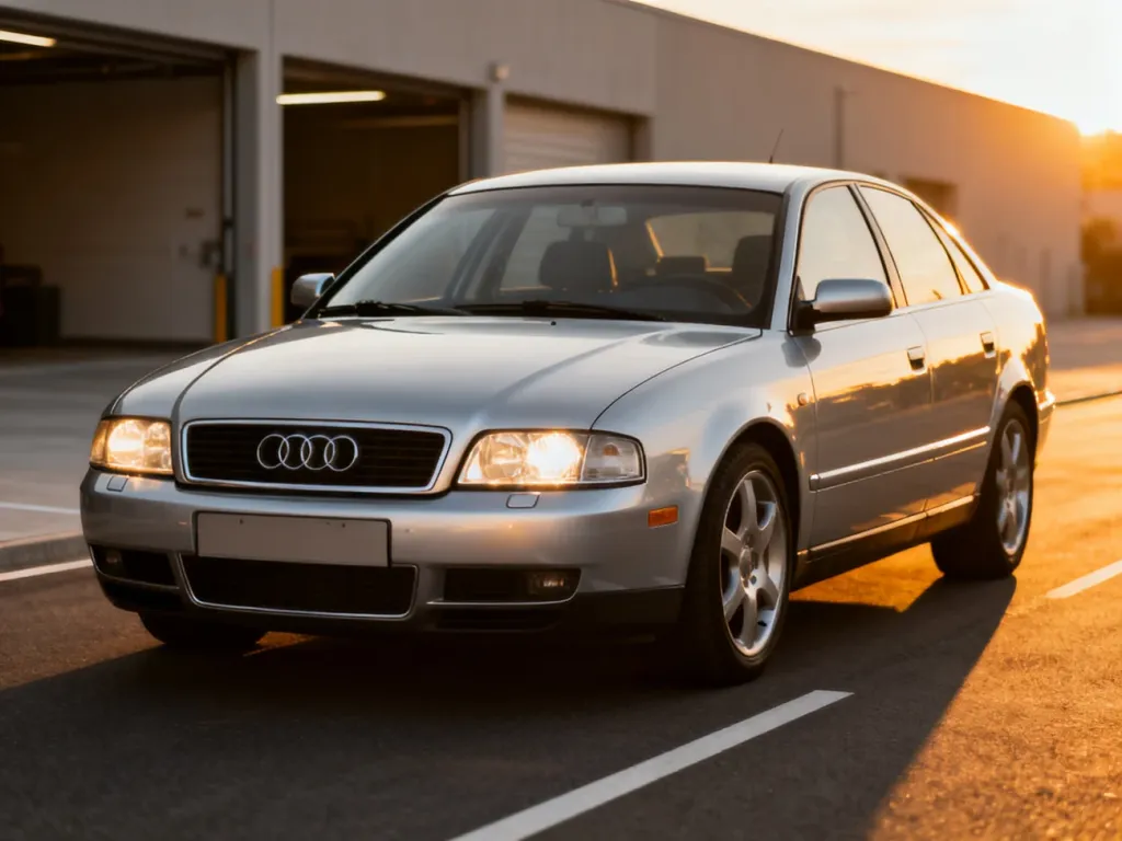 Srebrne Audi A4 B5 zaparkowane na asfalcie w świetle zachodzącego słońca, podkreślające klasyczną sylwetkę modelu.