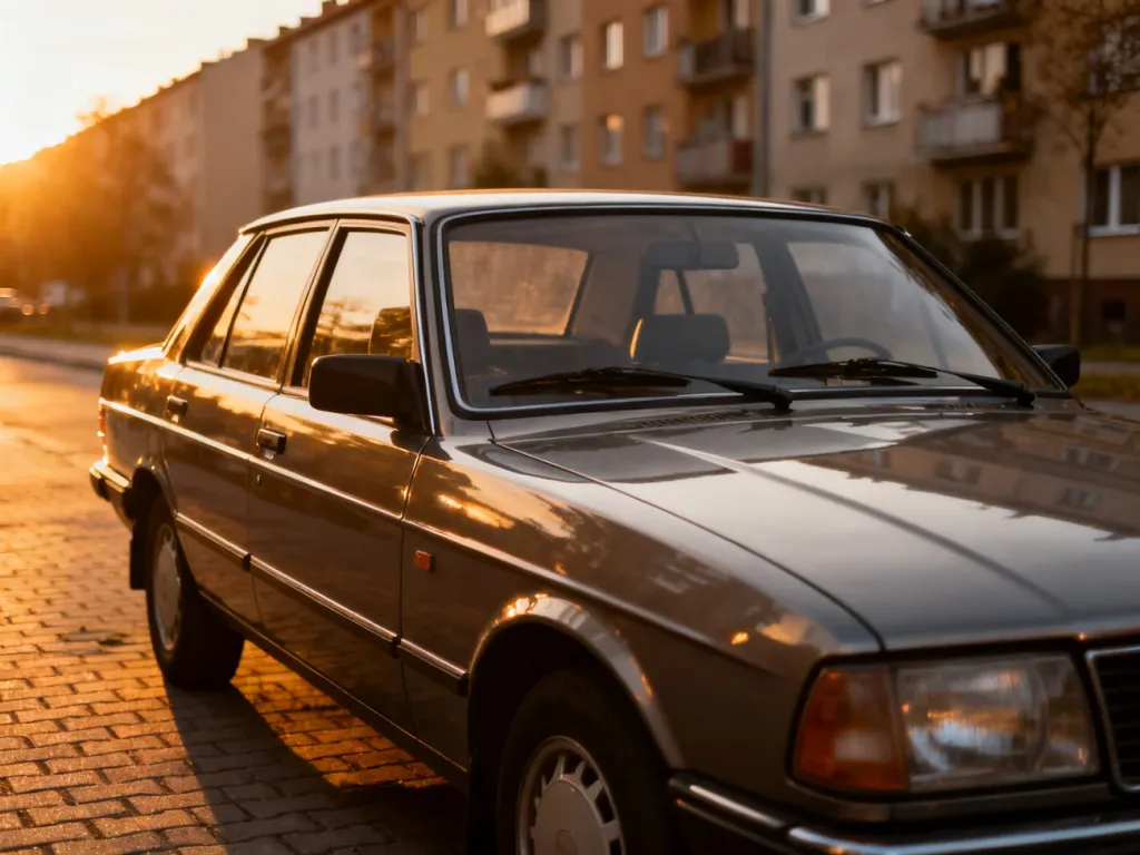 Klasyczny samochód z lat 90. zaparkowany na tle typowych polskich blokowisk w blasku zachodzącego słońca.