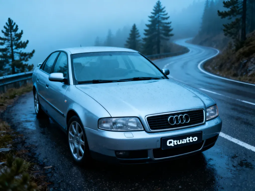 Srebrne Audi A4 B5 Quattro zaparkowane na mokrej, górskiej drodze w otoczeniu mglistego lasu.