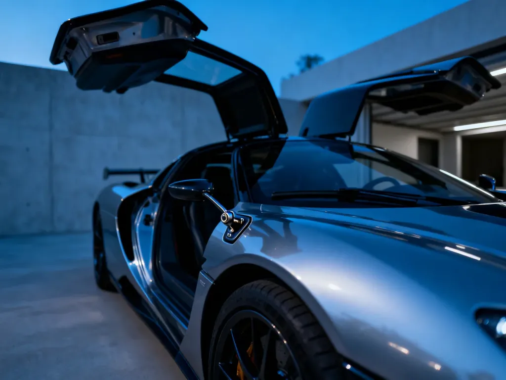 Nowoczesny samochód sportowy z otwartymi do góry drzwiami typu gull-wing, zaparkowany w minimalistycznym garażu.