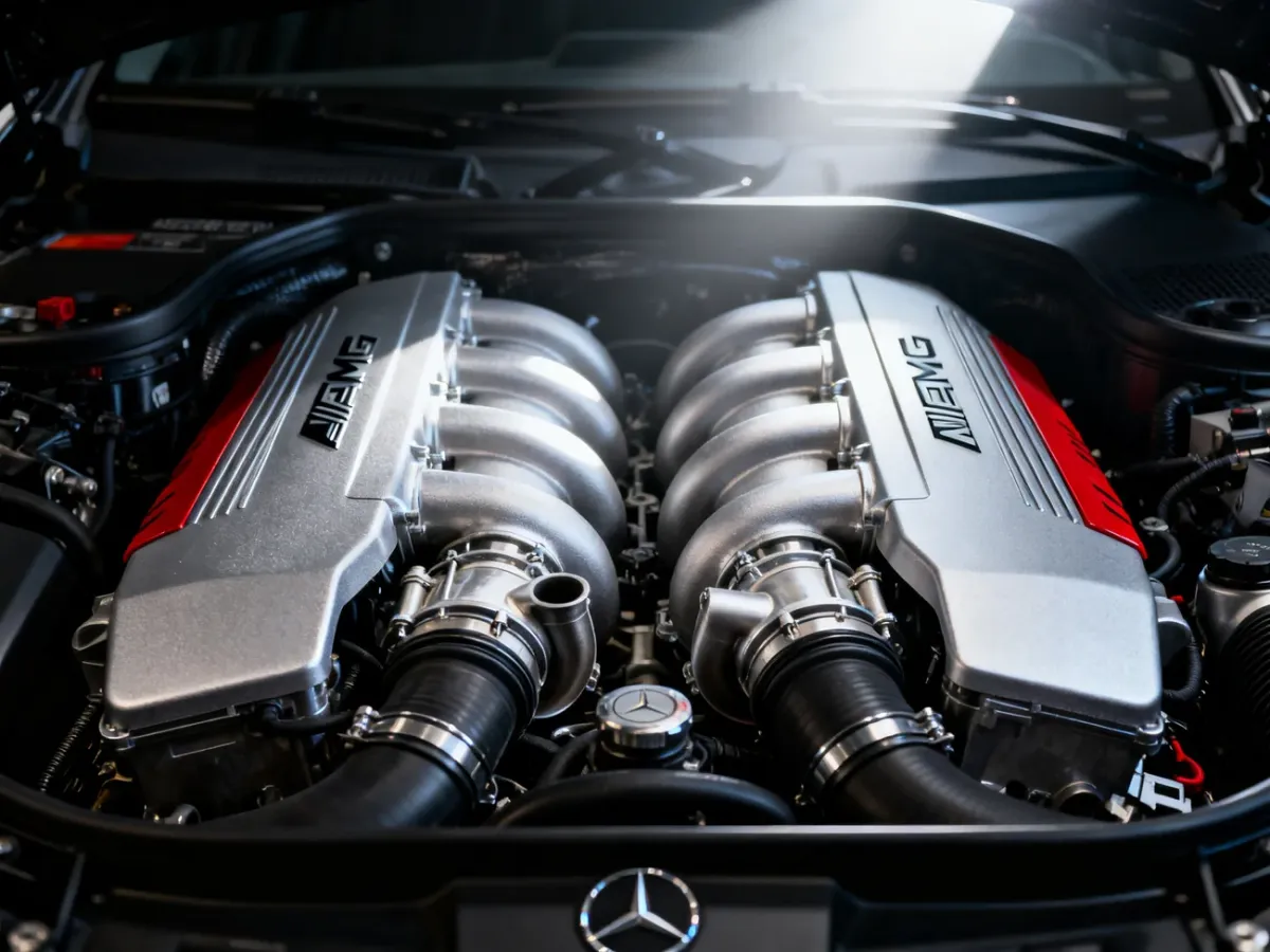 Przekrój silnika V8 biturbo z turbosprężarkami umieszczonymi między głowicami cylindrów