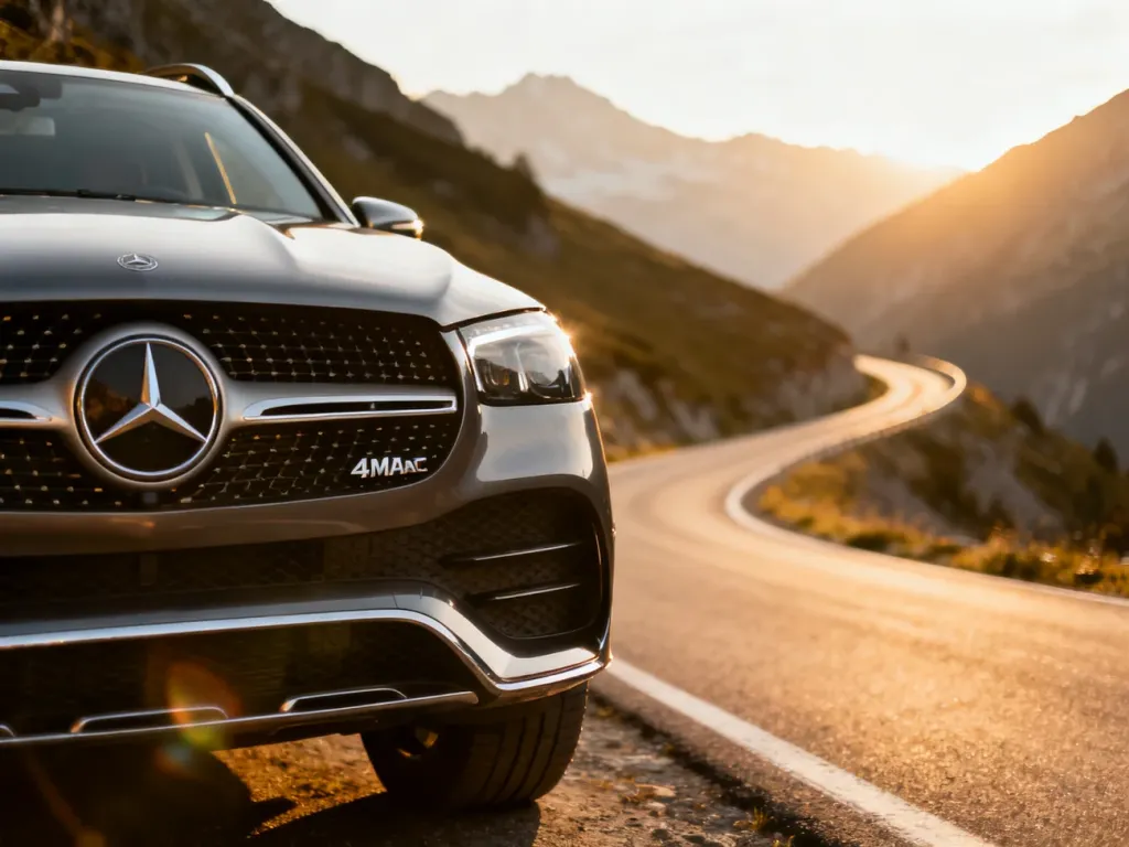 Mercedes GLE 350d 4MATIC zaparkowany na górskiej drodze w blasku zachodzącego słońca, eksponujący detale przedniego grilla.
