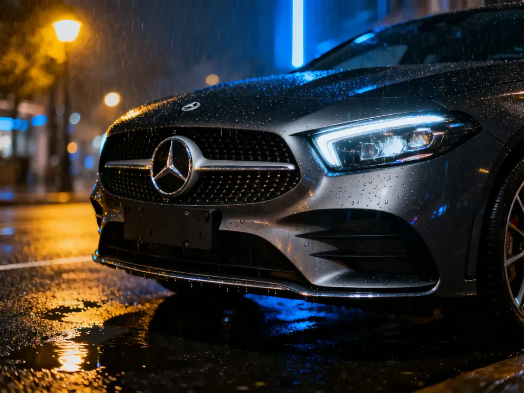 Zbliżenie na nowoczesny grill i reflektor Mercedesa klasy A na mokrym asfalcie w wieczornym, miejskim oświetleniu.