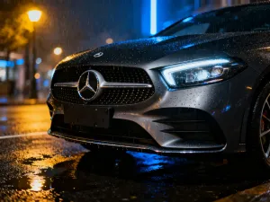 Elegancki sedan Audi A6 C7 zaparkowany na nowoczesnej ulicy w blasku zachodzącego słońca.