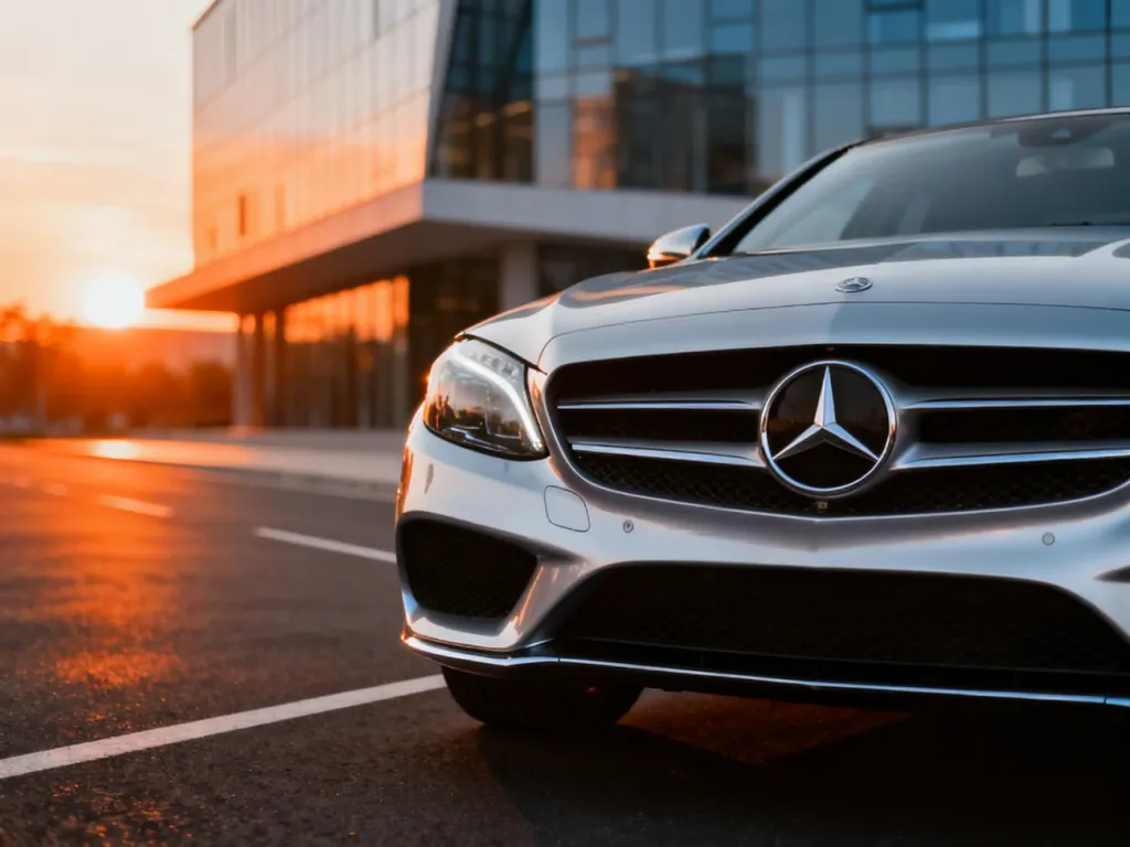 Srebrny Mercedes-Benz klasy C zaparkowany na nowoczesnej drodze o zachodzie słońca, z widocznym detalem przedniego grilla.