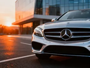 Nowoczesny Mercedes GLC zaparkowany na mokrej nawierzchni o zmierzchu, podkreślający elegancki design luksusowego SUV-a.