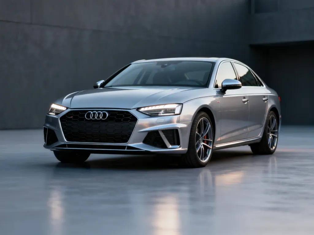 Srebrny sedan Audi A4 B9 w profesjonalnym oświetleniu studyjnym, prezentujący nowoczesną stylistykę modelu.