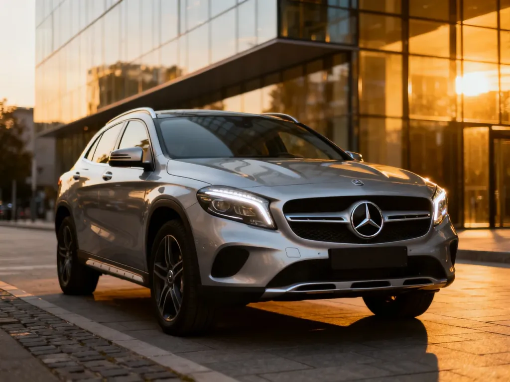 Srebrny Mercedes GLA zaparkowany na miejskiej ulicy w blasku zachodzącego słońca, podkreślającym nowoczesny design auta.