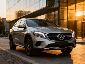 Nowoczesny hybrydowy Mercedes GLC zaparkowany na podjeździe o zmroku, podkreślający aerodynamiczną sylwetkę i reflektory LED.