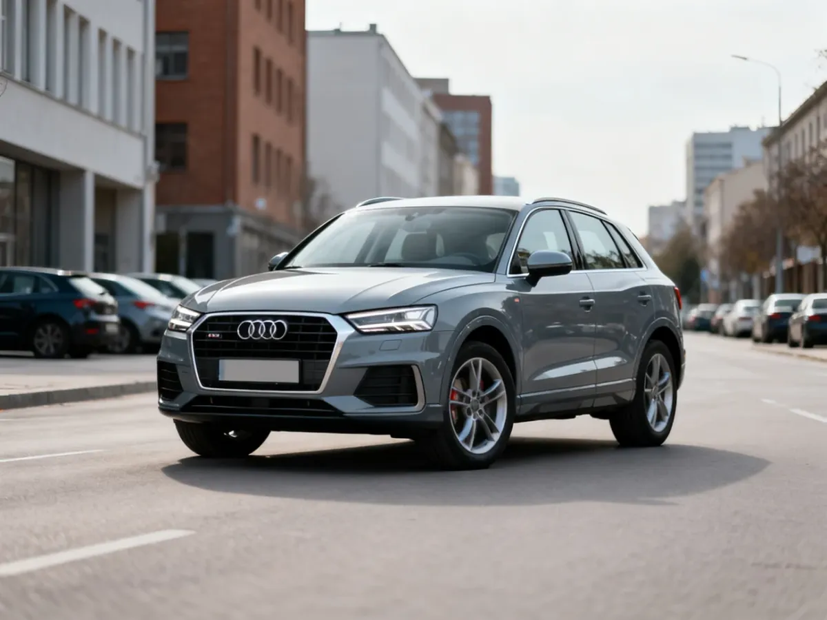 Audi Q3 w miejskim otoczeniu, przedstawione z przodu pod kątem