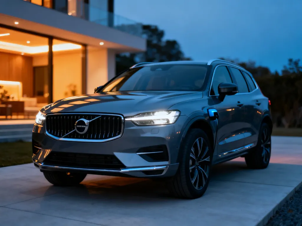 Nowoczesny Mercedes GLE plug-in hybrid zaparkowany na podjeździe luksusowej rezydencji o zmierzchu.