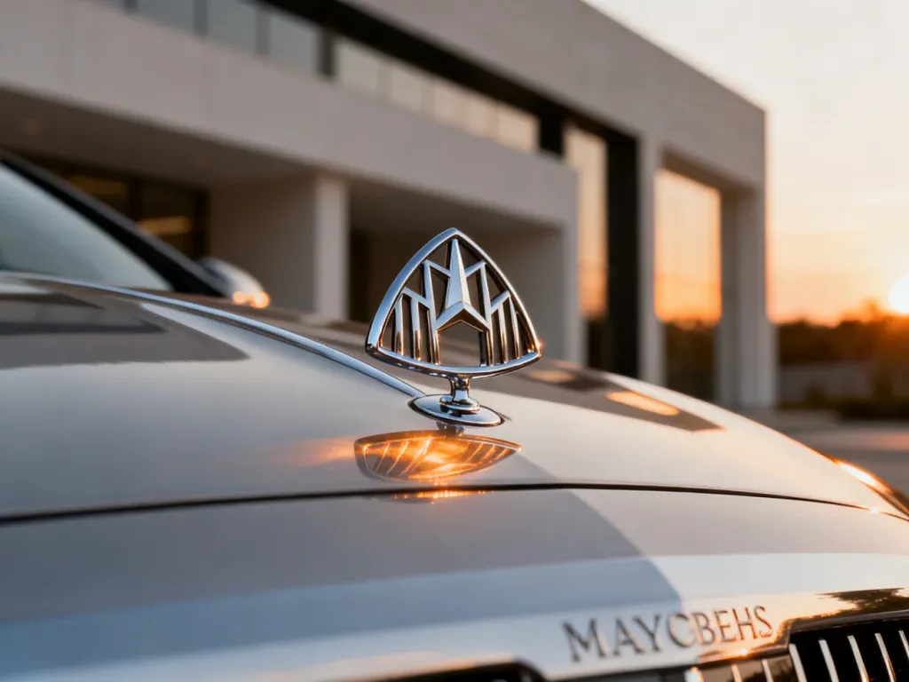 Luksusowy emblemat Mercedes-Maybach na wypolerowanej masce samochodu w świetle zachodzącego słońca.