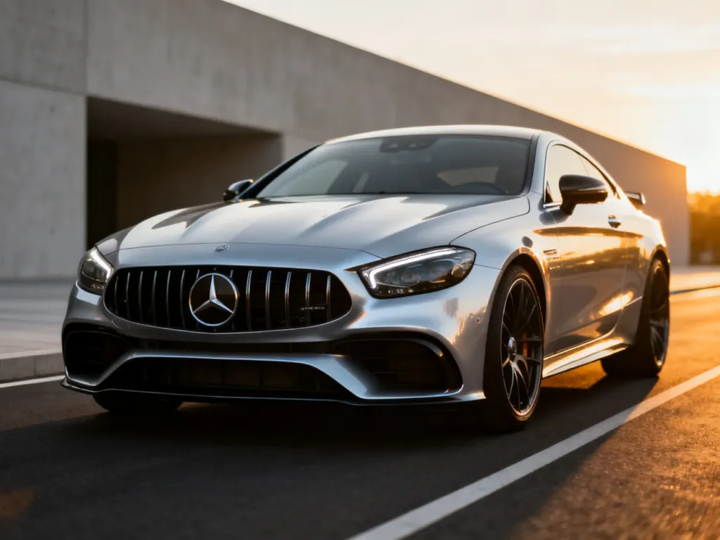 Srebrny Mercedes AMG coupe zaparkowany na nowoczesnej drodze w blasku zachodzącego słońca.