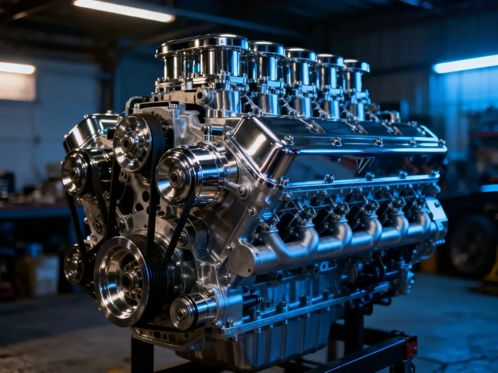 Zbliżenie na potężny, chromowany silnik V16 w industrialnym garażu, podkreślające zaawansowaną mechanikę i moc auta.