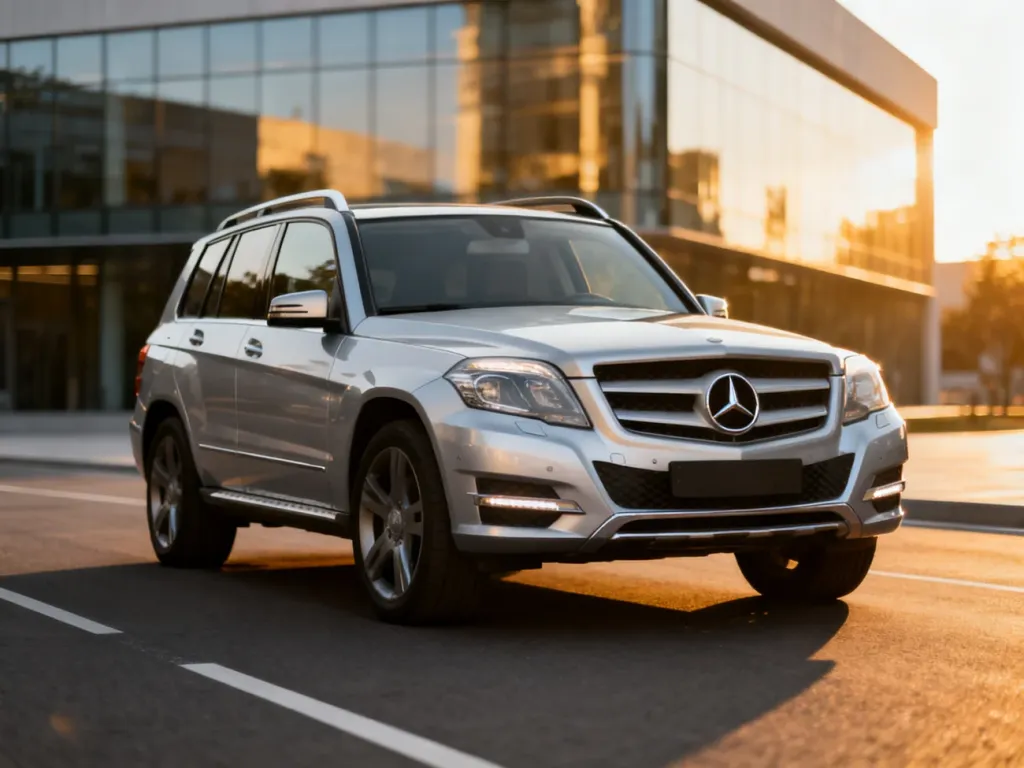 Srebrny Mercedes GLK zaparkowany na nowoczesnej drodze w świetle zachodzącego słońca, podkreślającym jego wyrazistą sylwetkę.
