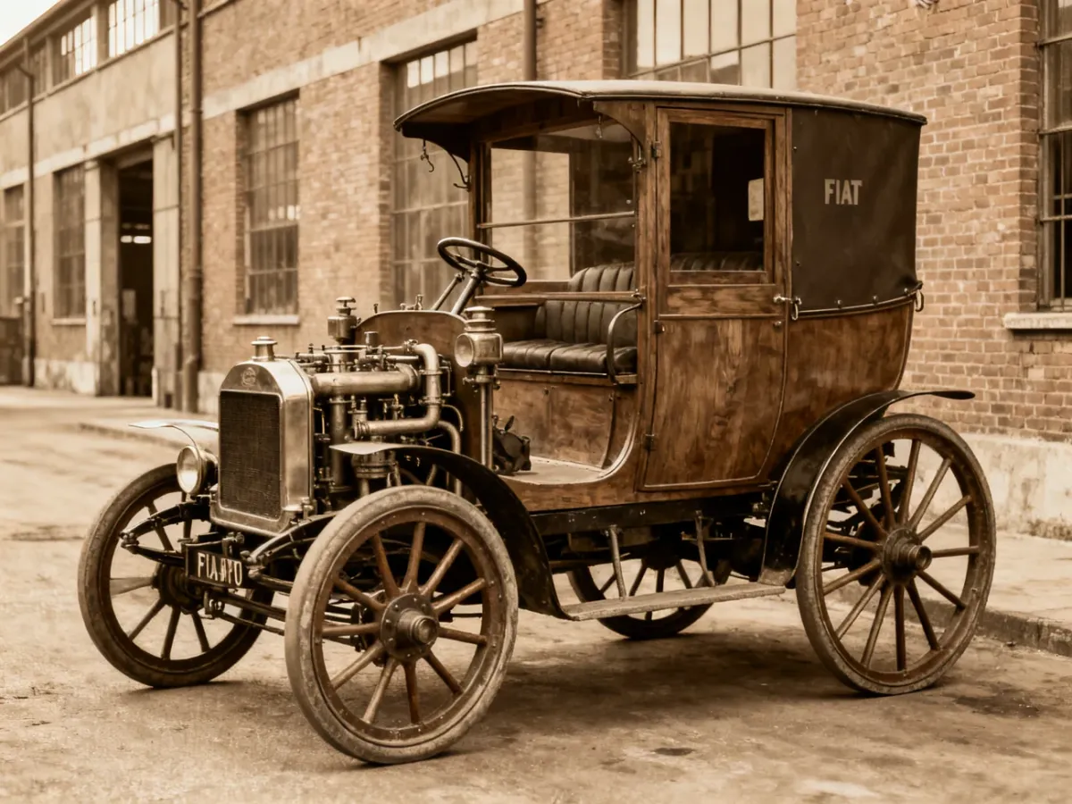 Zabytkowy Fiat 3 ½ HP przed pierwszą fabryką Fiata w Turynie