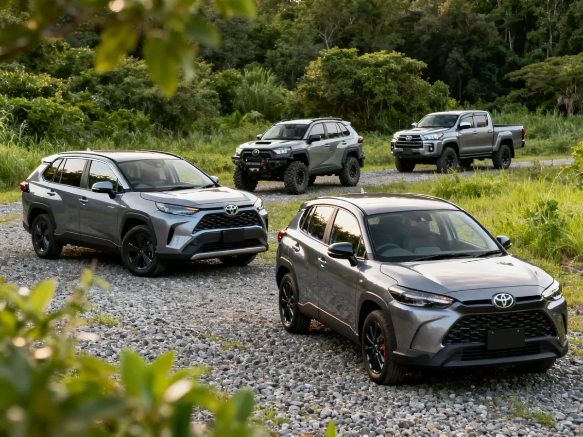 Różne modele SUV-ów, crossoverów i pick-upów Toyoty w plenerze