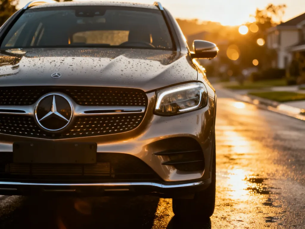 Nowoczesny Mercedes GLC zaparkowany na mokrym asfalcie w świetle zachodzącego słońca.