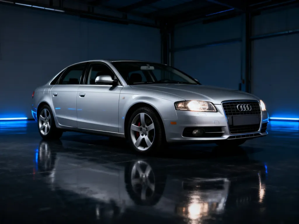 Srebrne Audi A4 B7 zaparkowane w profesjonalnym studiu, ukazujące charakterystyczną stylistykę przodu pojazdu.