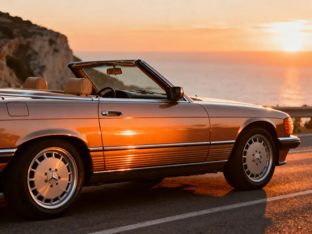 Klasyczny Mercedes-Benz R129 SL zaparkowany na nadmorskiej trasie podczas zachodu słońca, podkreślający elegancję modelu.