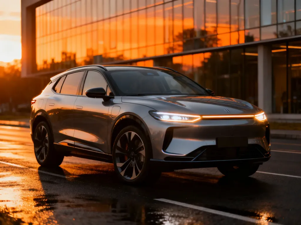 Nowoczesny hybrydowy SUV Audi Q7 zaparkowany na mokrym asfalcie w świetle zachodzącego słońca.