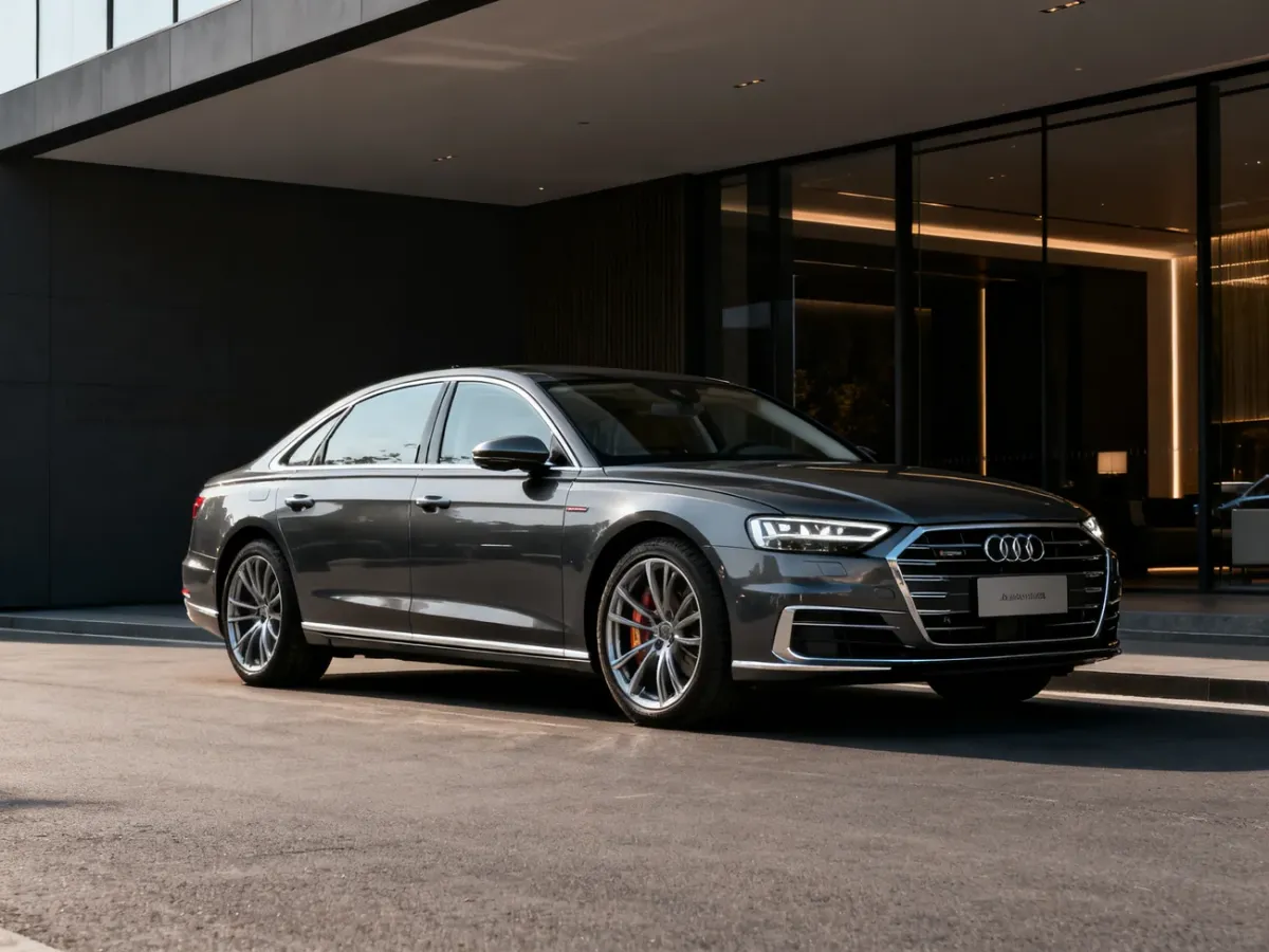 Audi A8 w eleganckiej scenerii przed nowoczesnym budynkiem