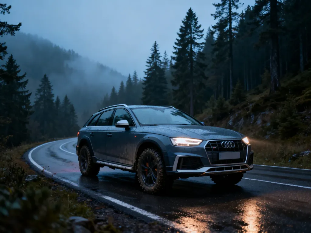 Audi A4 allroad zaparkowane na mokrej, górskiej drodze w otoczeniu mglistego lasu, podkreślające terenowy charakter auta.