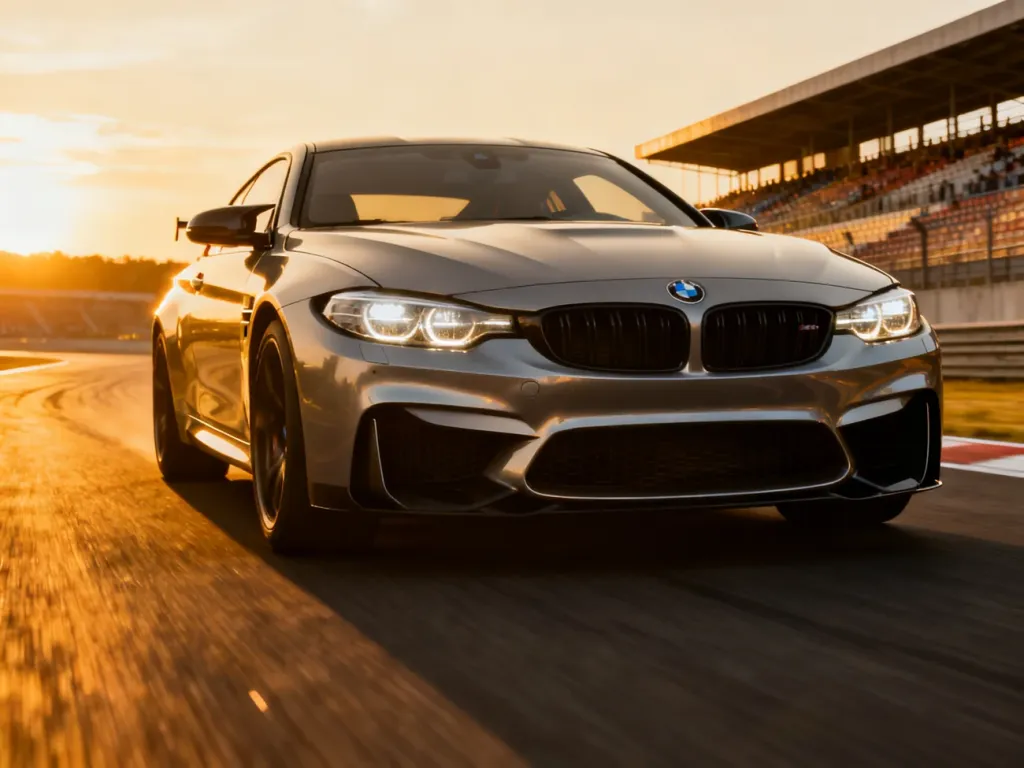 Sportowe BMW serii M przyspieszające na torze wyścigowym w blasku zachodzącego słońca, podkreślające dynamikę i szybkość.